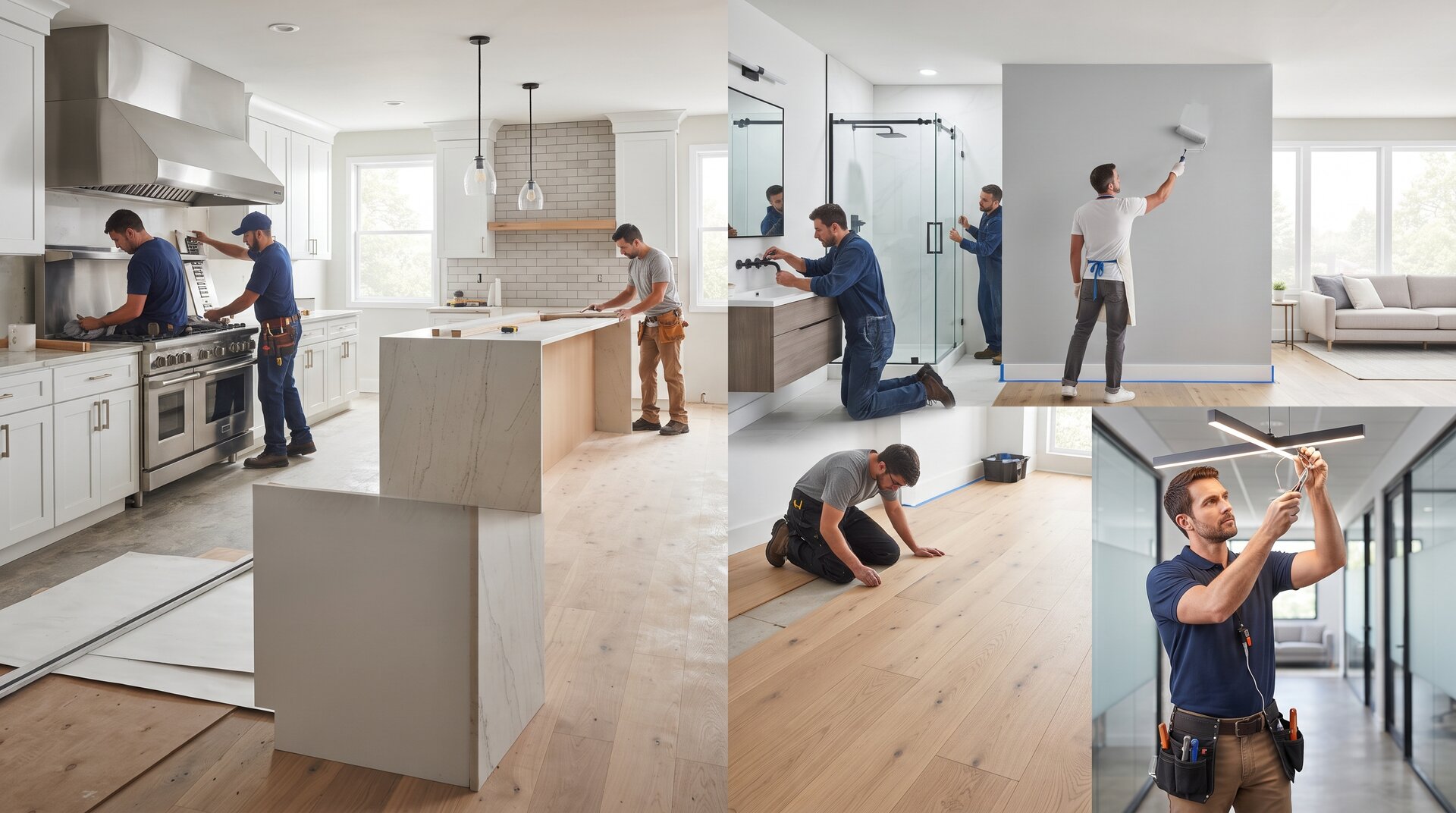 Composición de profesionales realizando reformas de cocinas y baños, pintura, instalación de suelos y trabajos eléctricos en viviendas.