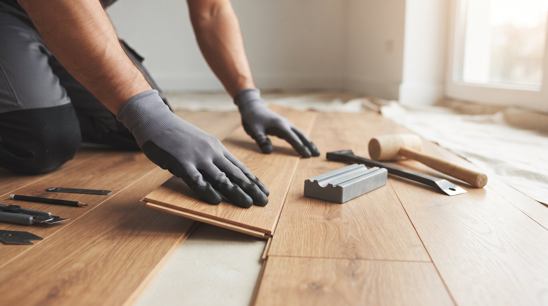 Profesional colocando lamas de suelo laminado de madera durante la reforma de una vivienda.