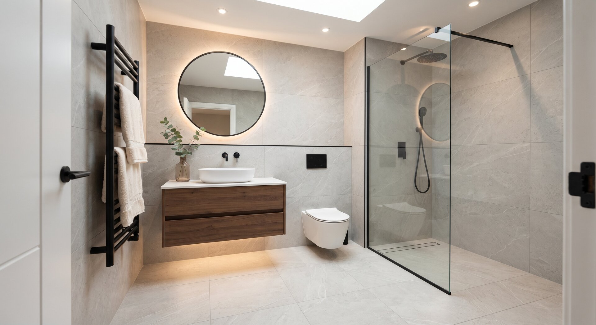 Baño reformado con ducha de cristal, revestimientos porcelánicos grises, lavabo suspendido de madera, espejo redondo e iluminación empotrada.