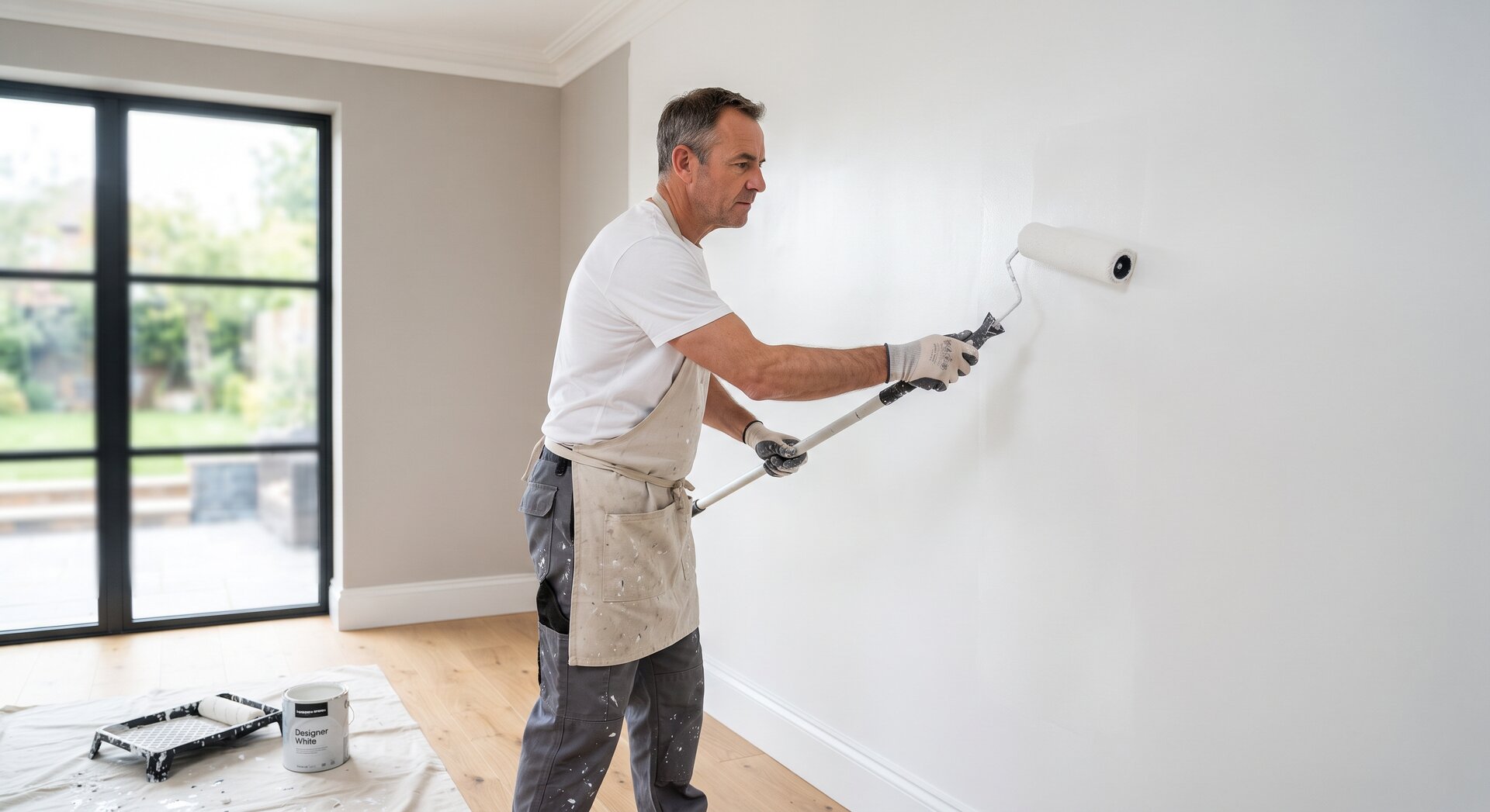 Pintor profesional aplicando pintura blanca con rodillo sobre una pared interior de una vivienda, consiguiendo un acabado liso y uniforme.