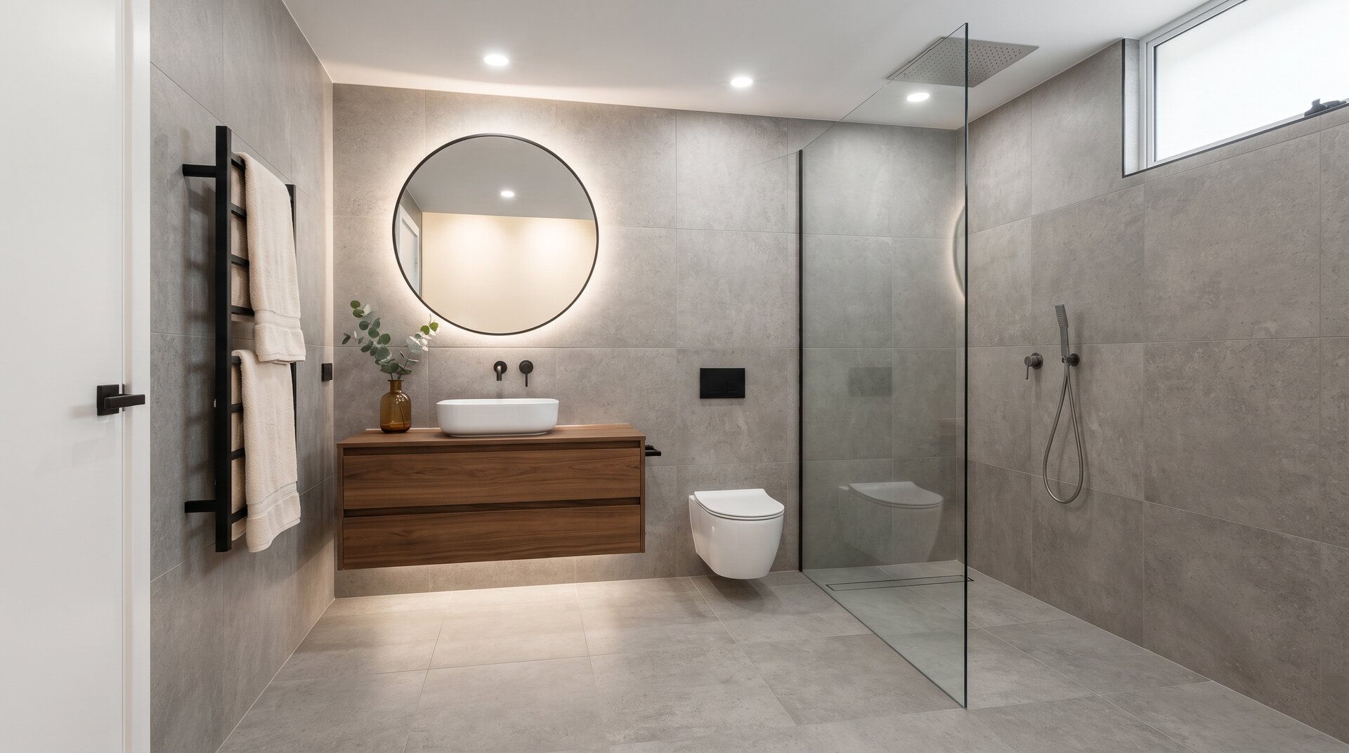 Reforma integral de baños modernos con ducha | HUMOVI Baño moderno reformado con ducha a ras de suelo, mampara de cristal, revestimientos grises, lavabo sobre mueble suspendido de madera y espejo redondo.