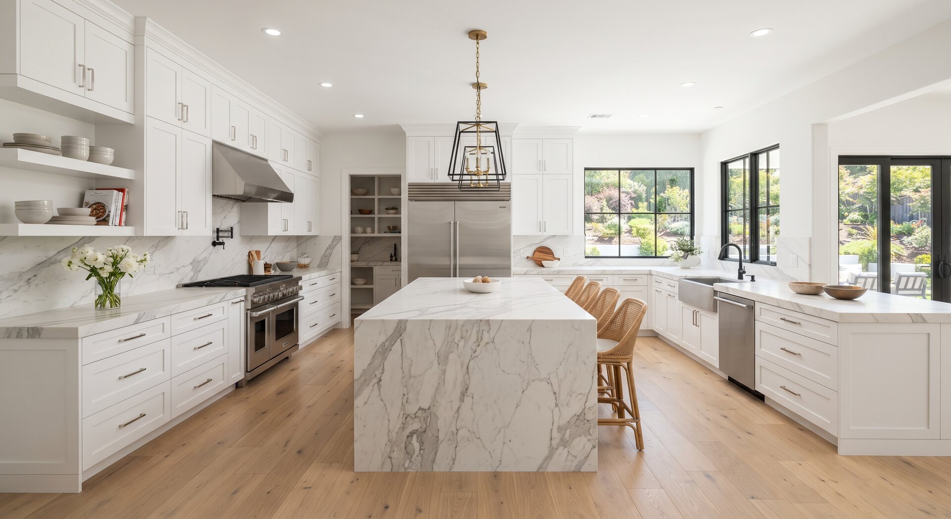 Reformas de cocinas modernas y a medida | HUMOVI Cocina moderna y luminosa con muebles blancos, isla central de mármol, encimeras claras, suelo de madera e iluminación colgante.