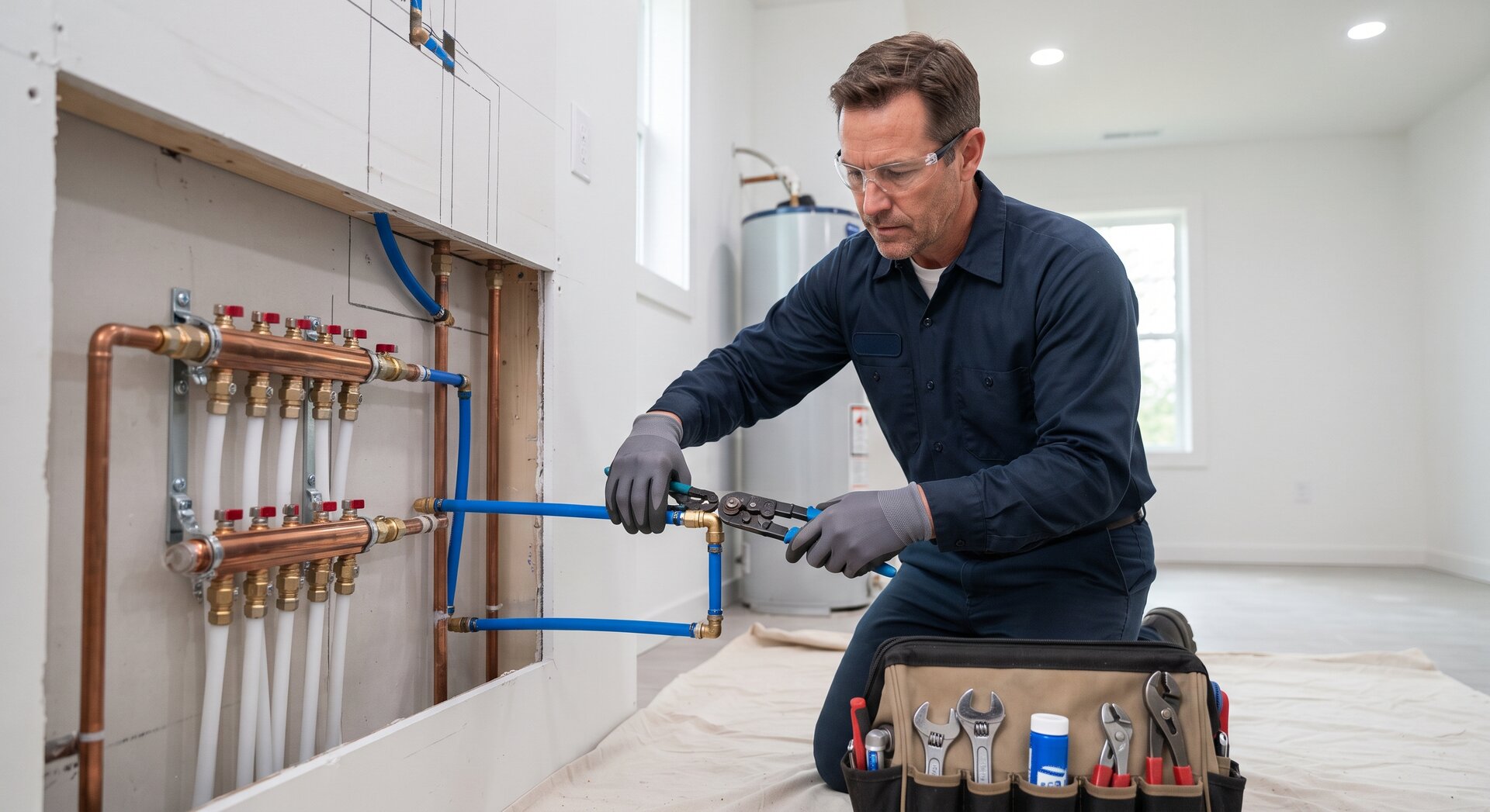 Instalaciones y reparaciones de gas para viviendas | HUMOVI Técnico profesional trabajando con herramientas en las conexiones y tuberías de una instalación doméstica durante una reforma.