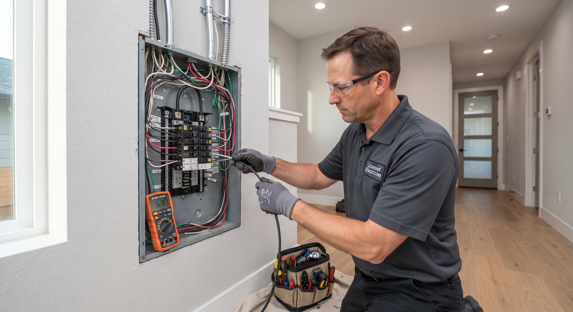 Instalaciones eléctricas y renovación de cuadros eléctricos | HUMOVI Electricista profesional revisando un cuadro eléctrico con un multímetro durante trabajos de mantenimiento y renovación de la instalación eléctrica de una vivienda.