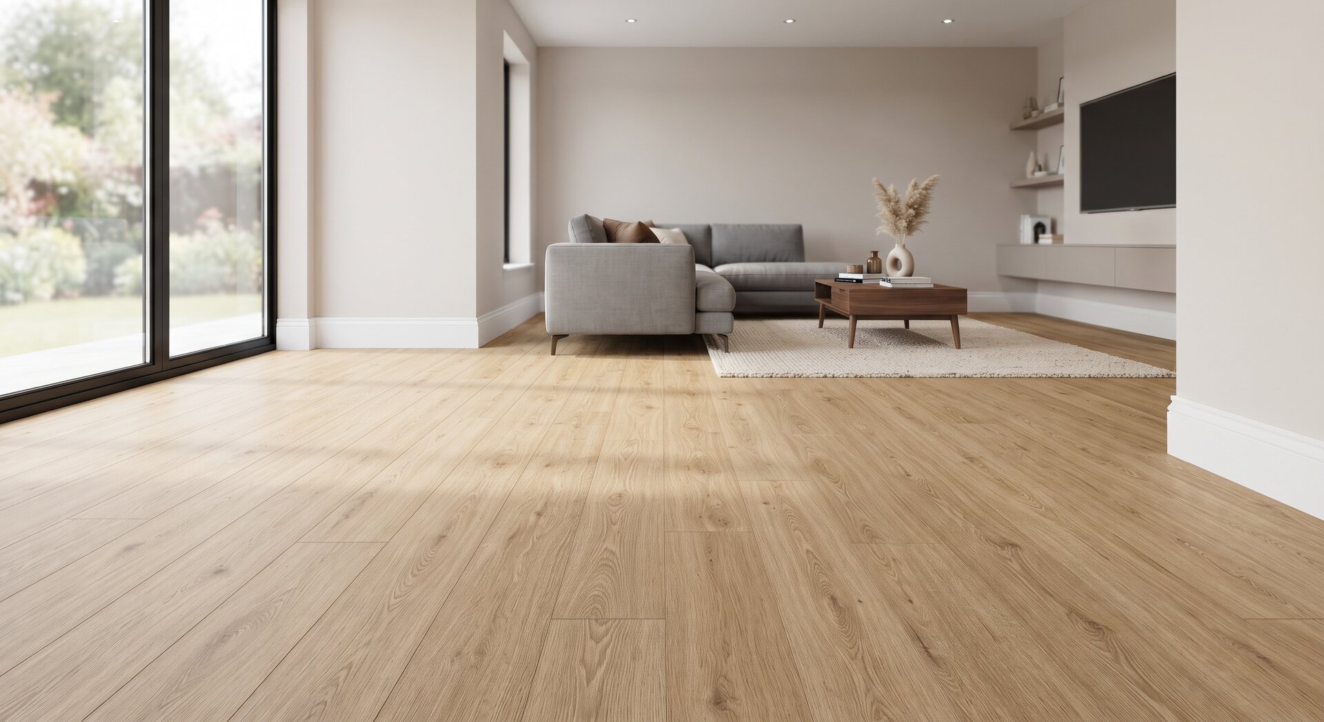 Instalación de suelos laminados y revestimientos | HUMOVI Salón moderno y luminoso con suelo laminado de acabado madera clara, grandes ventanales y mobiliario de tonos neutros.